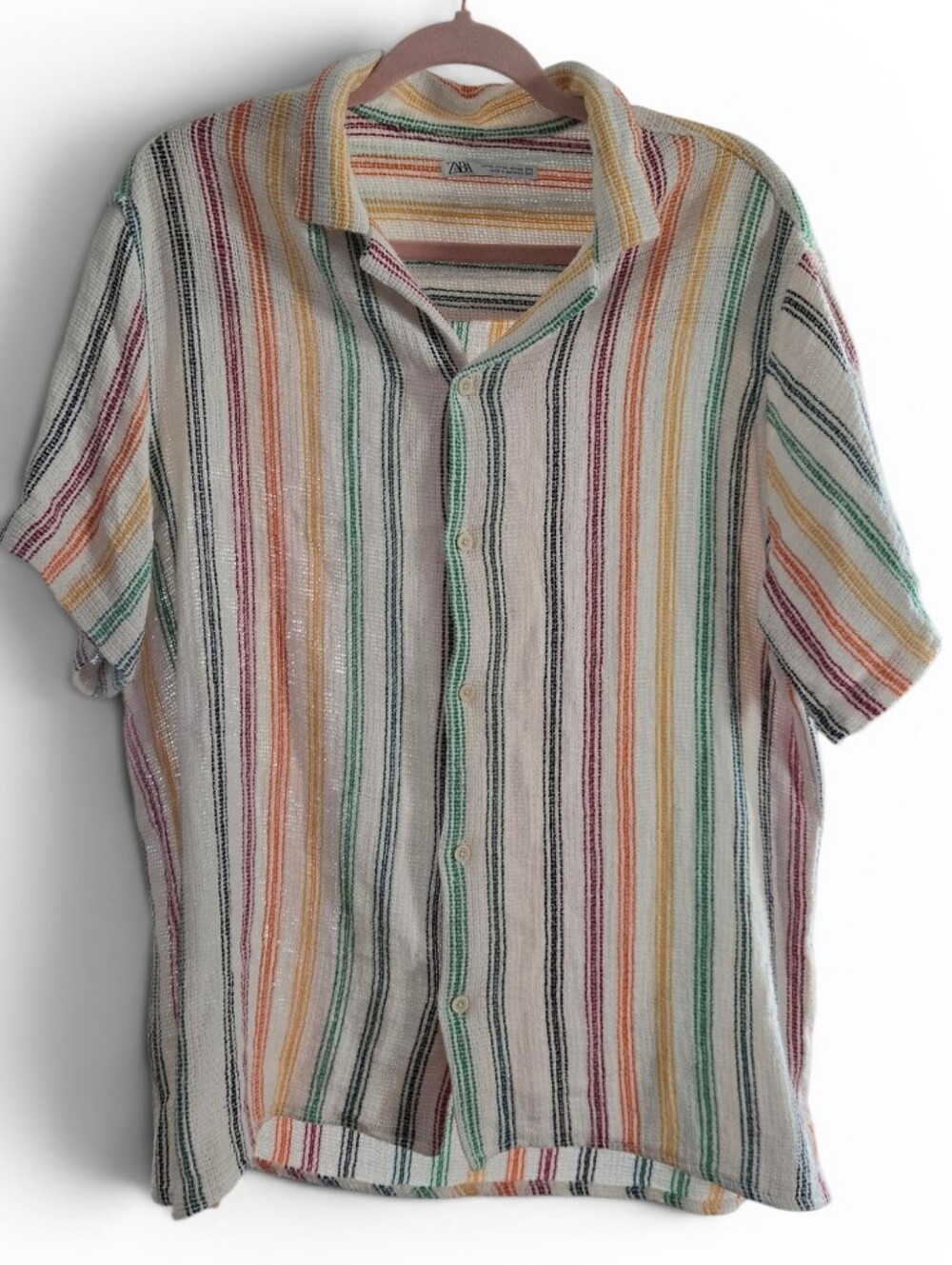 Zara Cream Short-Sleeve Button-Down Shirt with Multicolor Stripes